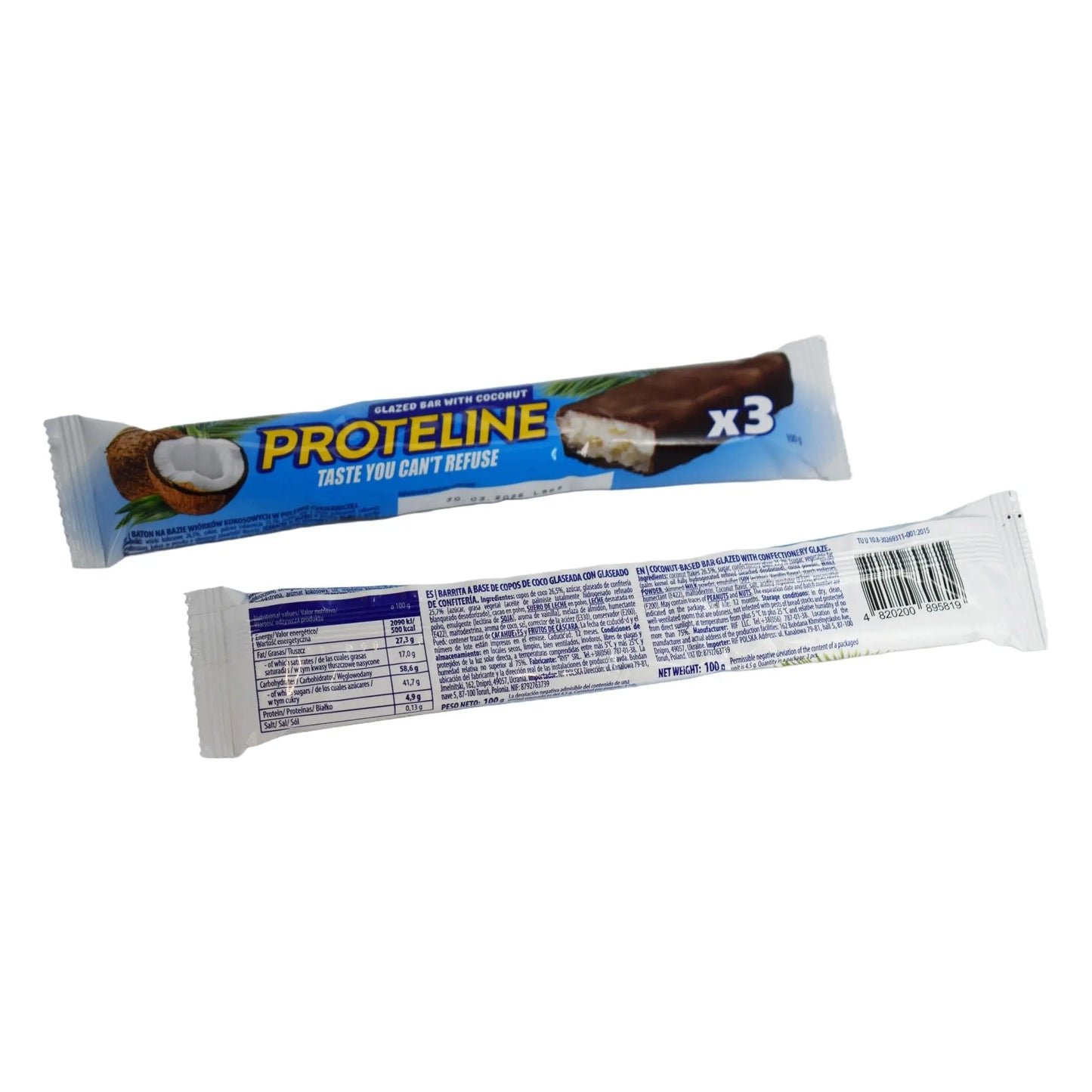 Coconut-based bar glazed with confectionery glaze (100g) Protein bar