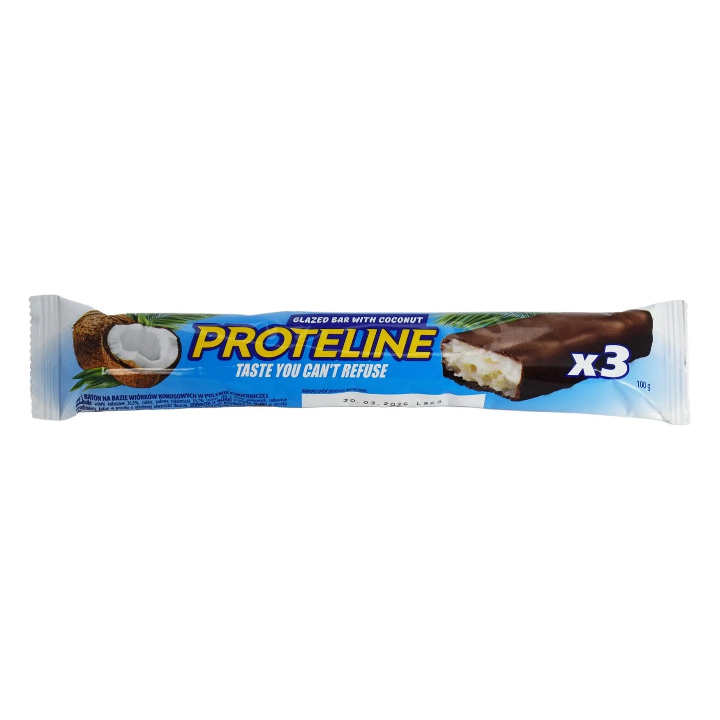 Coconut-based bar glazed with confectionery glaze (100g) Protein bar