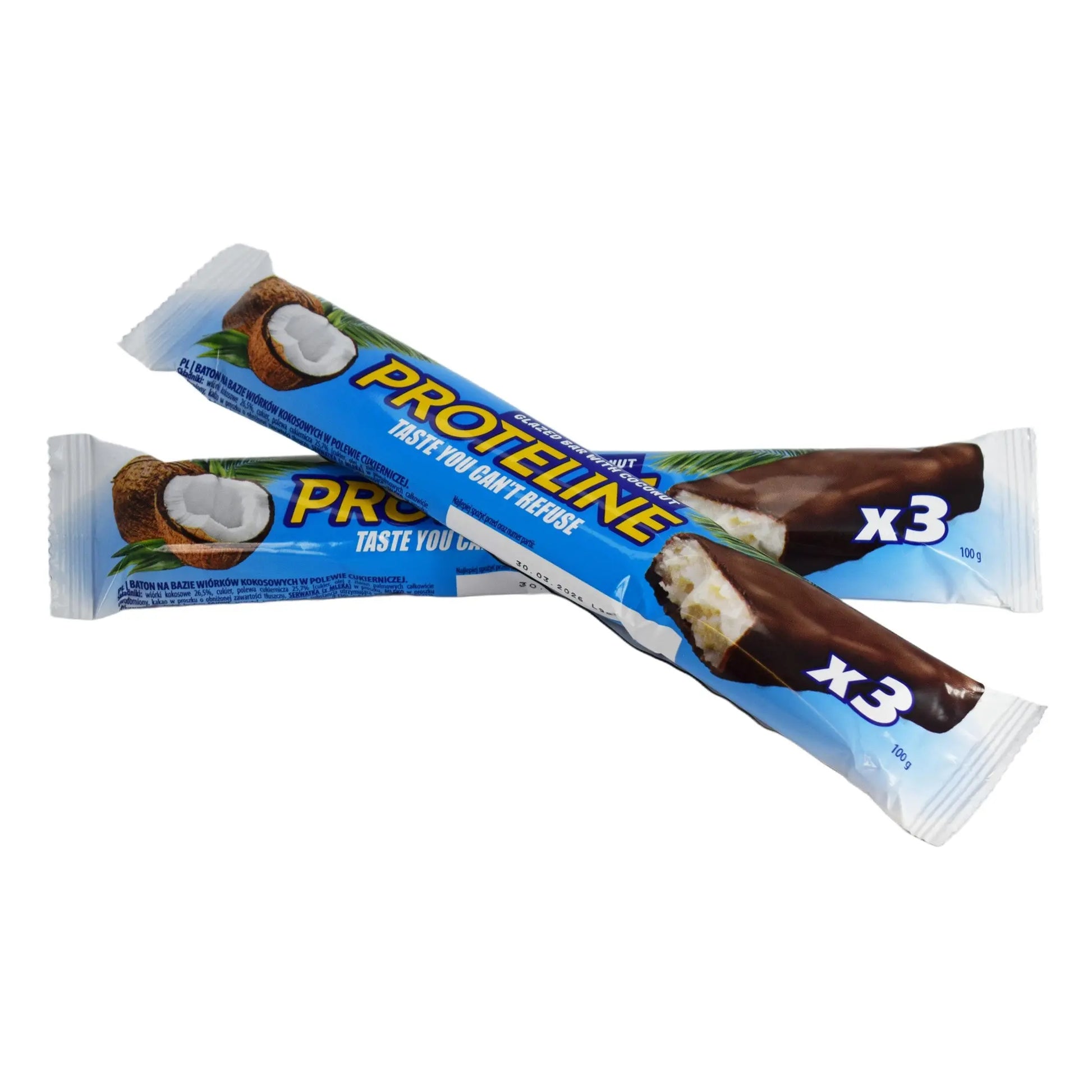 Coconut-based bar glazed with confectionery glaze (100g) Protein bar